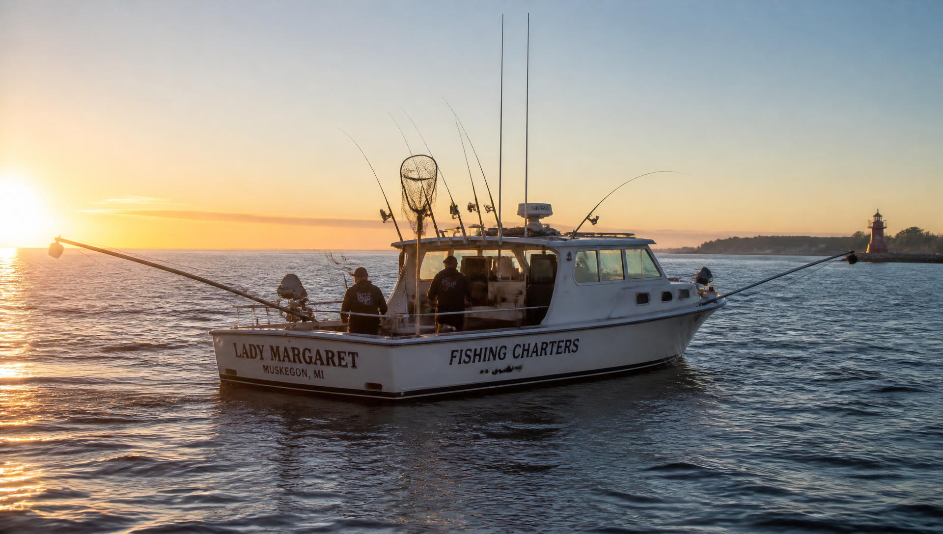 Charter fishing boat trolling on Lake Michigan at sunrise near Muskegon