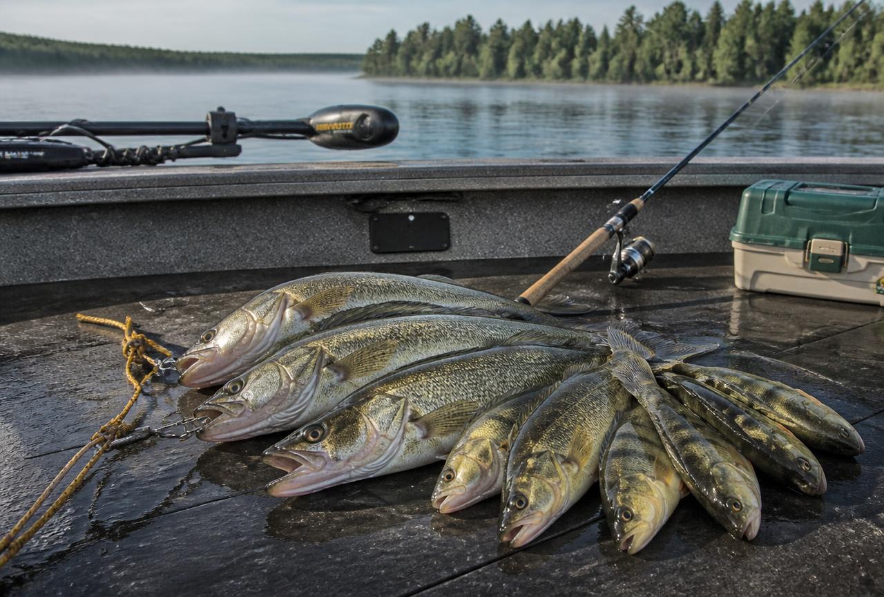 Walleye and perch caught on a Muskegon Lake charter trip